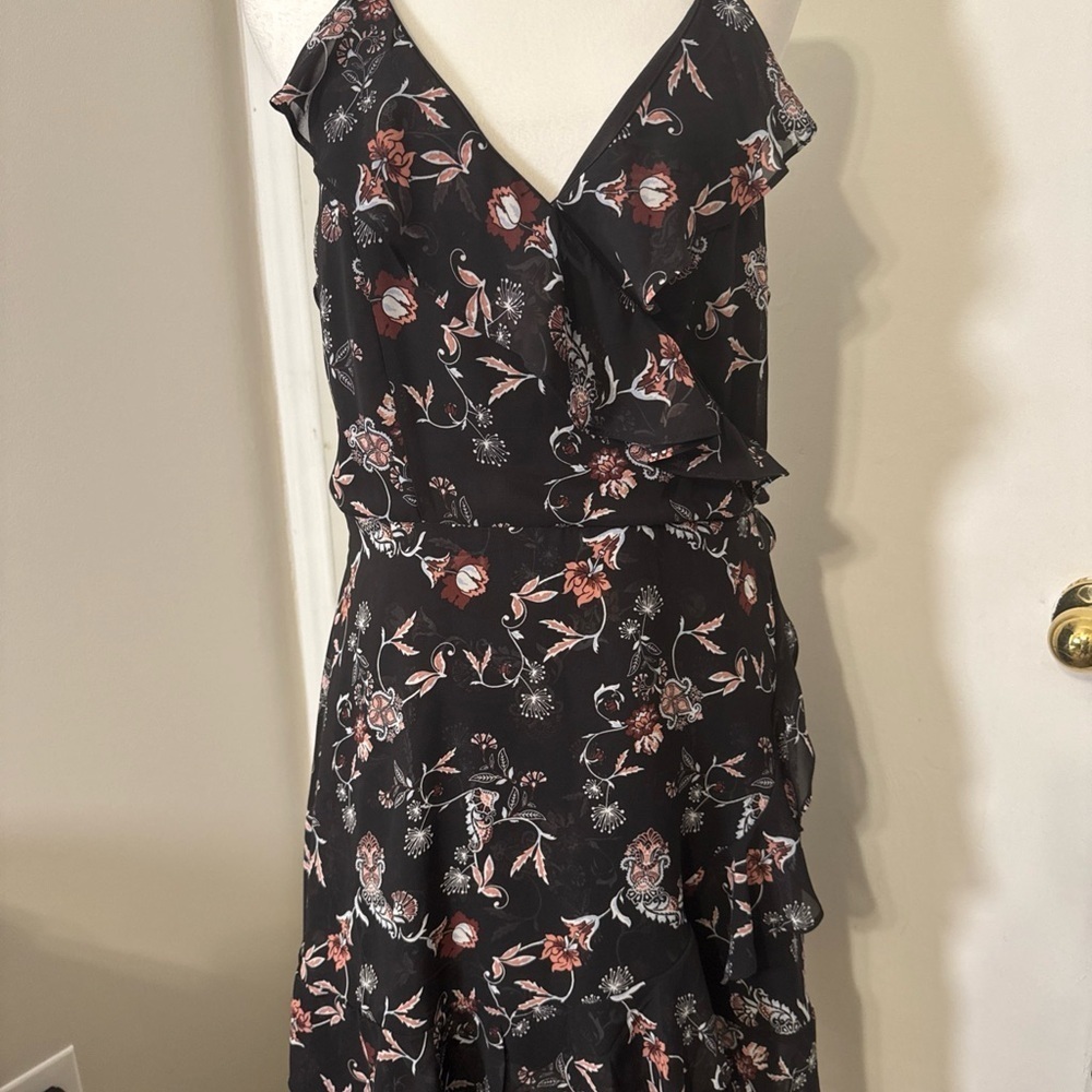 Floral Short Black Sleeveless Ruffle Dress Large Summer Garden Floral Flirty